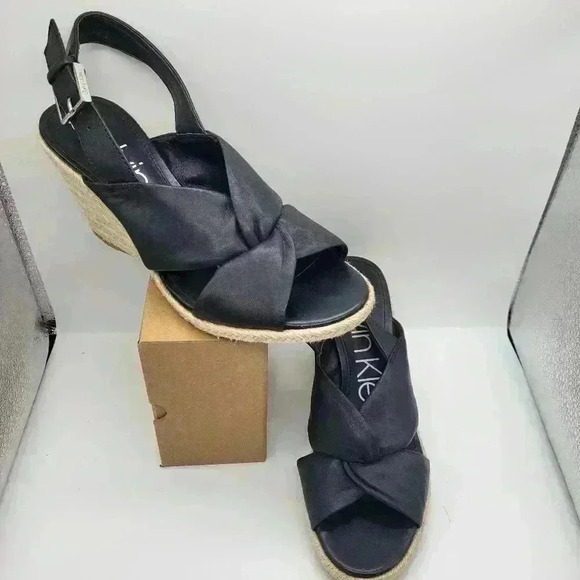 Calvin Klein Shoes - Calvin Klein Wedge Brennah Women's Sandals Size 6.5 Black Silver Buckel Open Toe